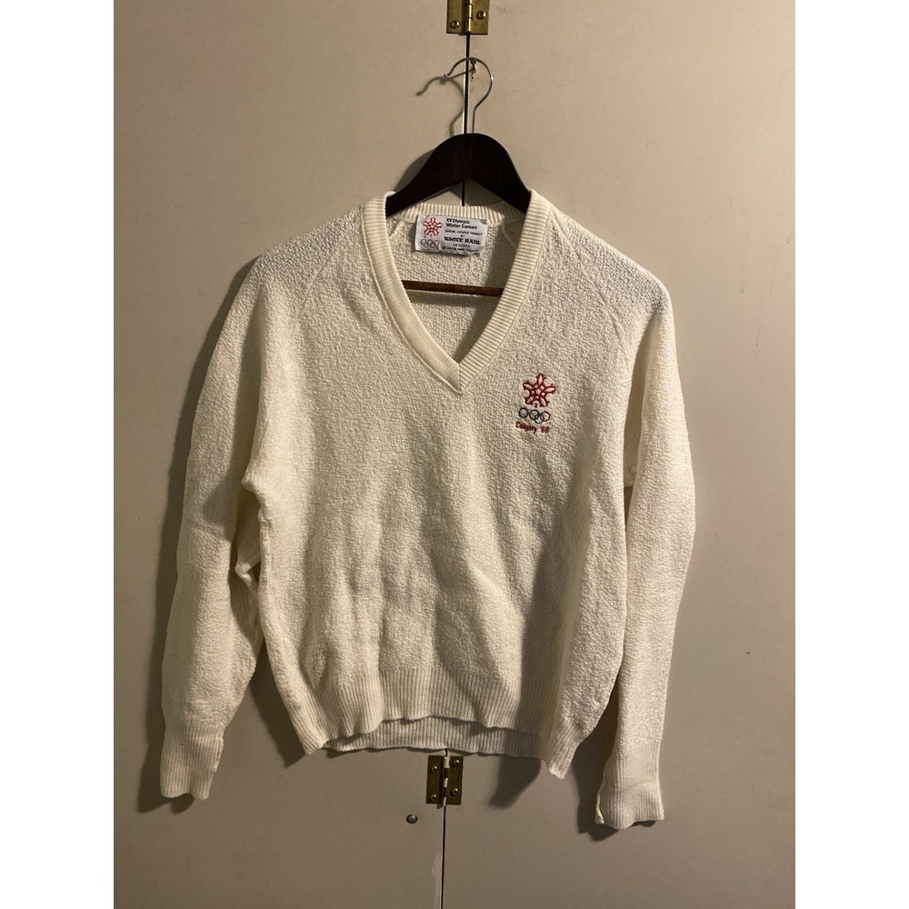 Vintage 1988 Calgary Winter Olympics Sweater White Ram V-Neck Knit Cream Medium